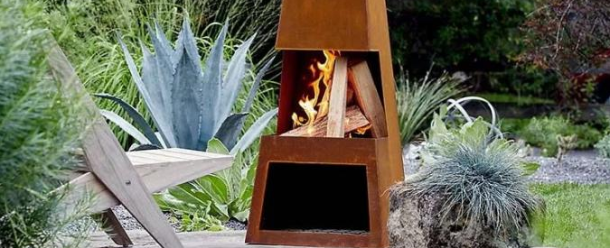 Chaminé exterior projetada contemporâneo grande Corten Chiminea de aço