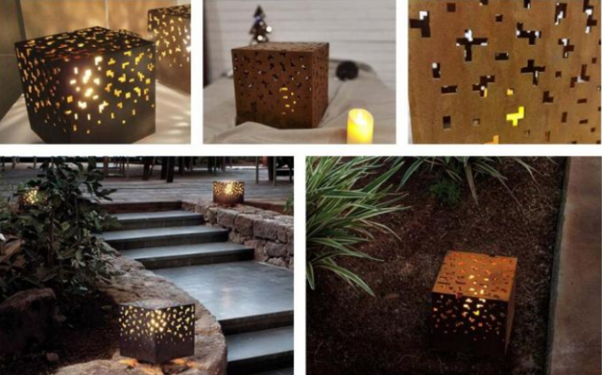 Luz geométrica exterior de Rusty Corten Steel Outdoor Floor com abajur cúbico