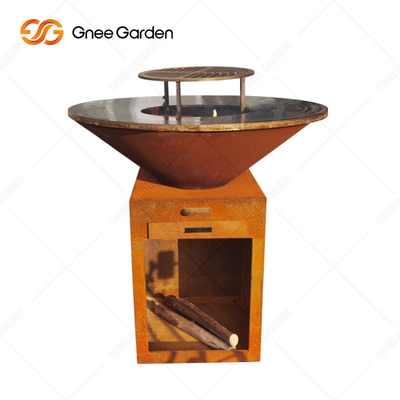 Churrasqueira a carvão ao ar livre em aço corten com grelha para churrasco
